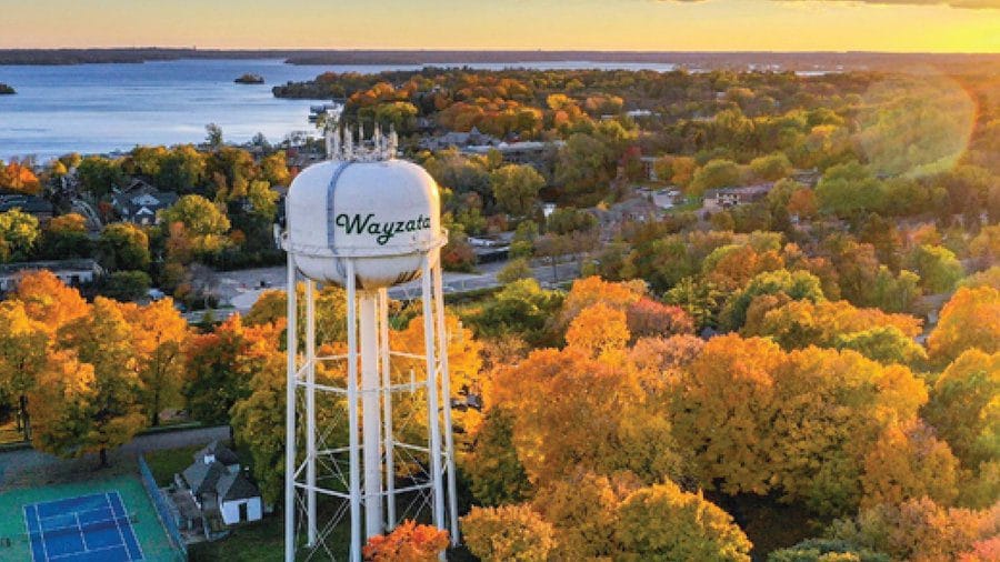 Aerial view of Wayzata Minnesota and water tower